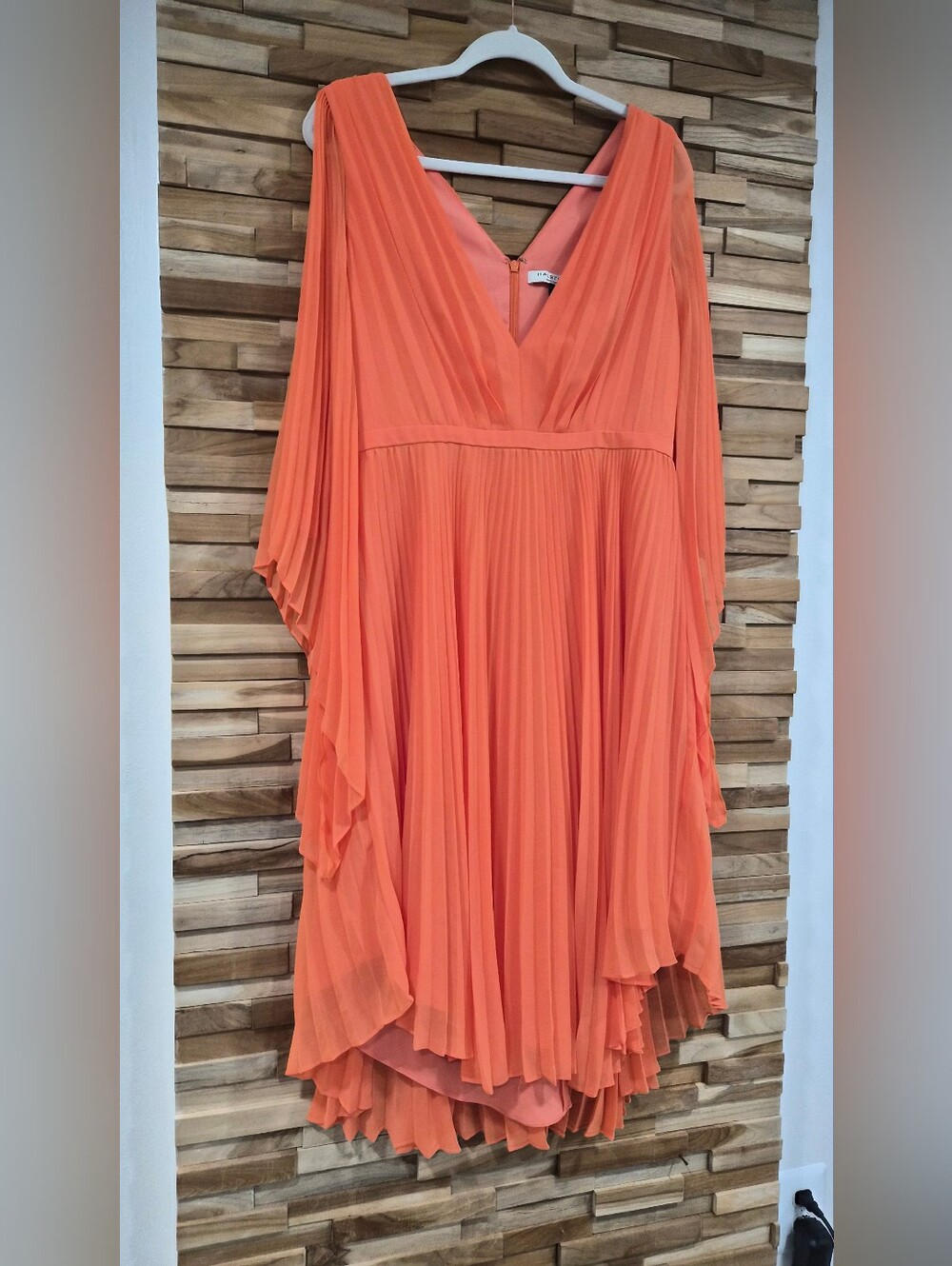 Halston Heritage Coral-Orange Pleated V-Neck High-Low Dress